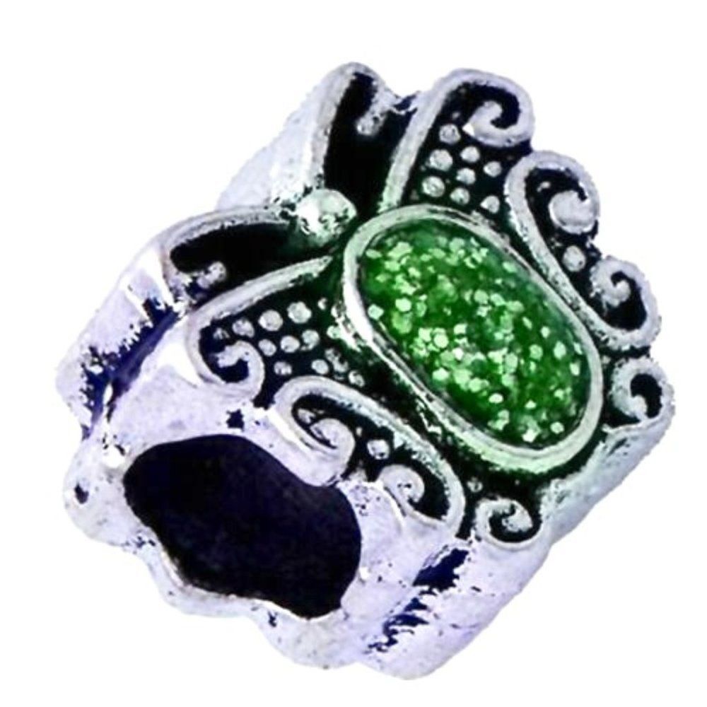 Womens Green Crystal Silver Butterfly Charm